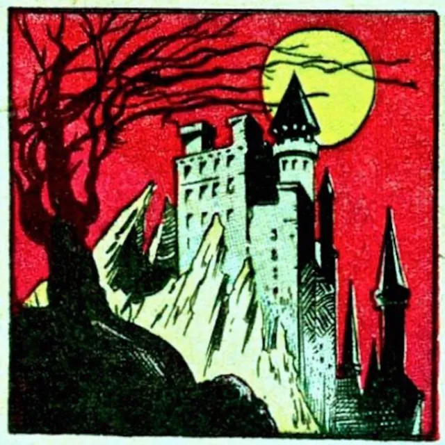 geeked cover art: comic-book castle on a cliff, in red and green