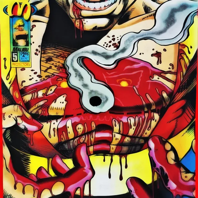 shots cover art: loud pop-comic panel of a dripping, smoking mouth in red and yellow