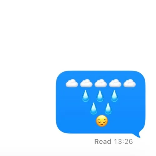 woah cover art: a blue imessage bubble of rain-cloud emoji, read 13:26