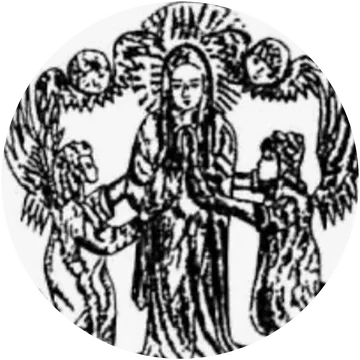woodcut seal: a haloed madonna flanked by cherubs